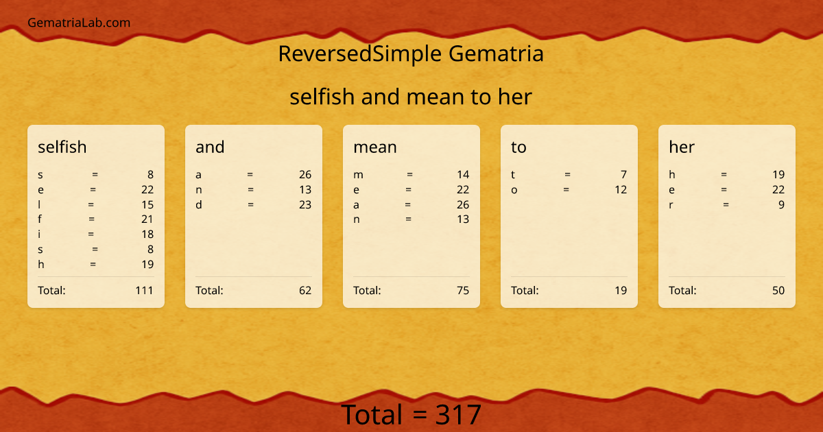 selfish and mean to her in reversedSimple Gematria
